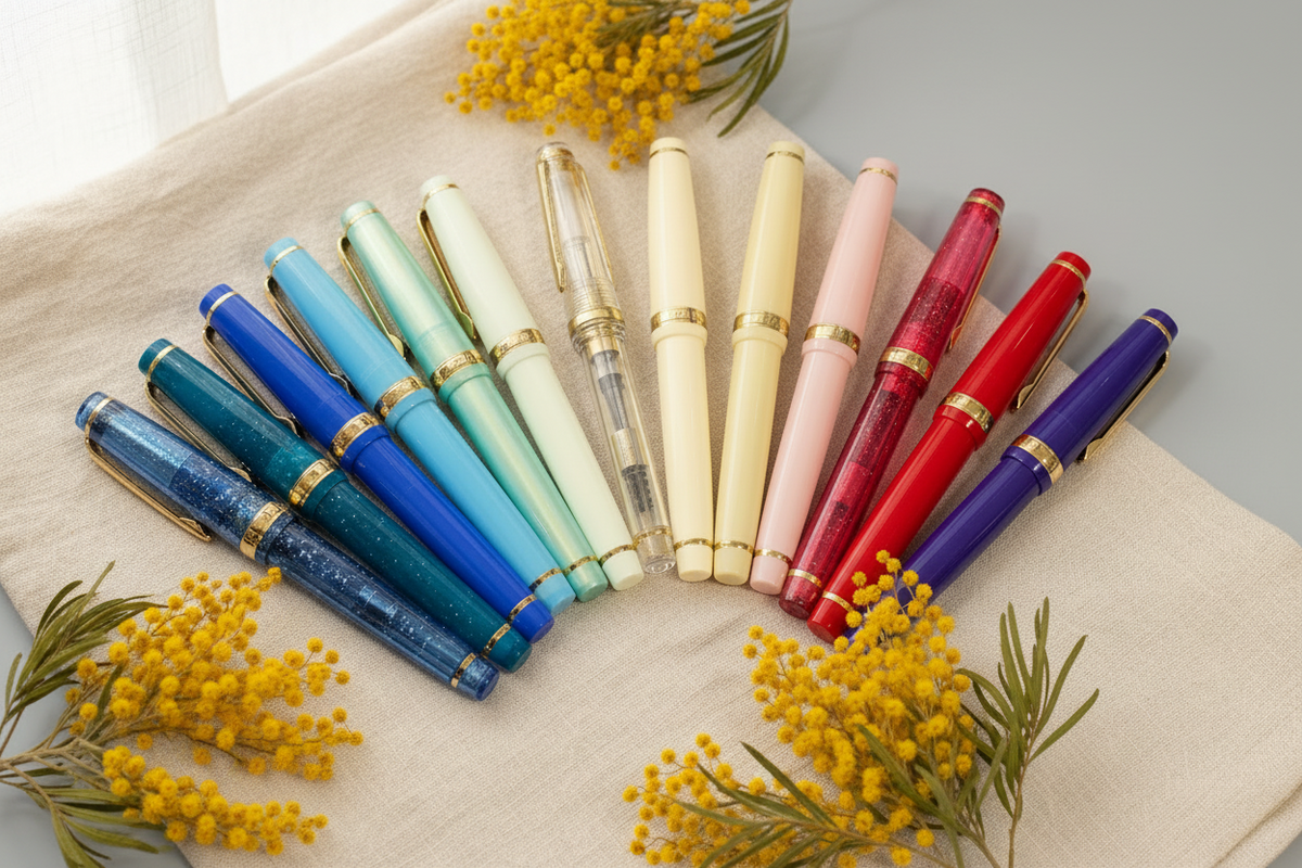 A range of Jinhao 82s with various colours on a linen cloth with wattle flowers
