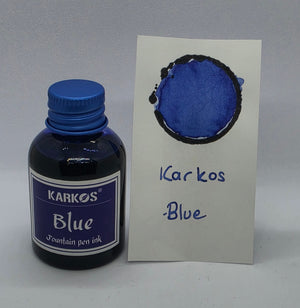 Karkos Blue ink bottle with a written swatch