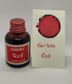 Karkos Red ink bottle with a written swatch