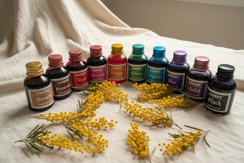 Karkos ink bottles lined up on linen